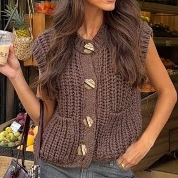 Brown Casual Women's Minimalist Chunky Knit Sleeveless Round Neck Sweater Vest - Picture 1 of 5